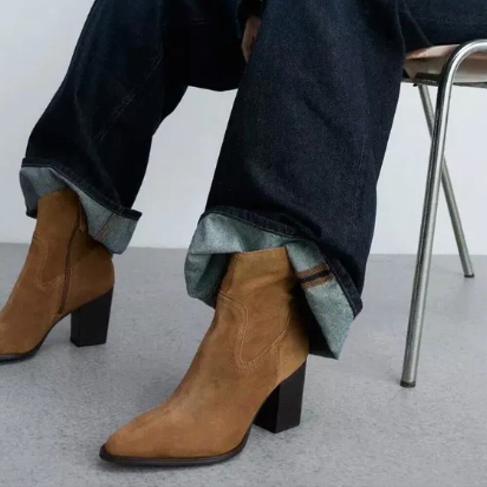 NEW Mango MNG Tan Suede Ankle block heel cowboy Boots pointed toe 41 US 9.5